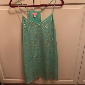 Lilly Pulitzer Green Gold Glitter Shift Dress 100% Silk,  Size Medium